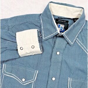 Western Shirt Mens S Blue Microcheck Pearl Snap Flip Cuff Cowboy Rodeo Resistol